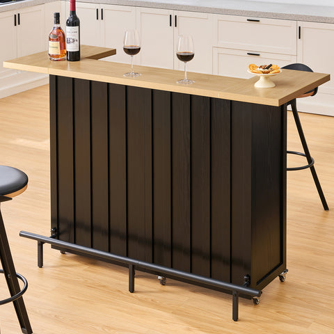 61-Inch Foldable Bar Table, Mobile Party Bar Station on Lockable Wheel, Counter Height Table w/Storage Cabinet, Footrest, Modern U-Shaped Home Coffee Bar Unit for Dining Living Room Pub Party