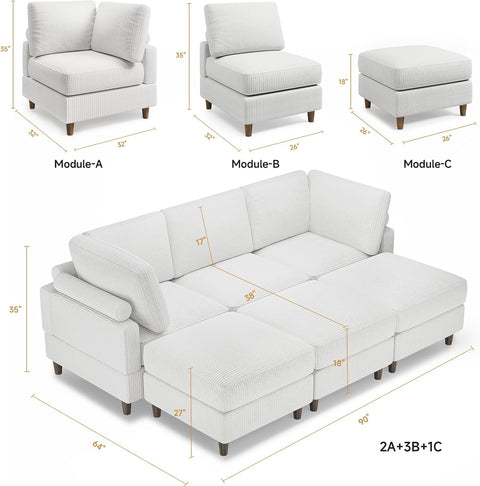 Modern Corduroy 6 Seater Modular Sectional Sofa