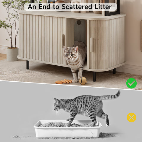 ONBRILL 54 Inch Hidden Litter Box Furniture with Shelves and Outlets,Fluted Cat Litter Box Enclosure, Mid-Century Modern Wooden Cat House with Sliding Tambour Door and Hooks