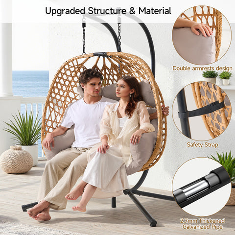 ONBRILL Double Hanging Egg Chair with Stand, Bohemian Knot Style Hammock Swing Chair, Foldable Basket & Denser Weaves, 650 Lbs Capacity Loveseat with UV Resistant Cushion for Patio, Backyard