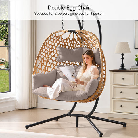 ONBRILL Double Hanging Egg Chair with Stand, Bohemian Knot Style Hammock Swing Chair, Foldable Basket & Denser Weaves, 650 Lbs Capacity Loveseat with UV Resistant Cushion for Patio, Backyard