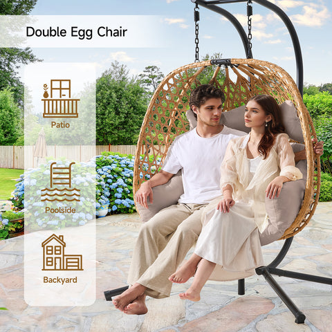 ONBRILL Double Hanging Egg Chair with Stand, Bohemian Knot Style Hammock Swing Chair, Foldable Basket & Denser Weaves, 650 Lbs Capacity Loveseat with UV Resistant Cushion for Patio, Backyard