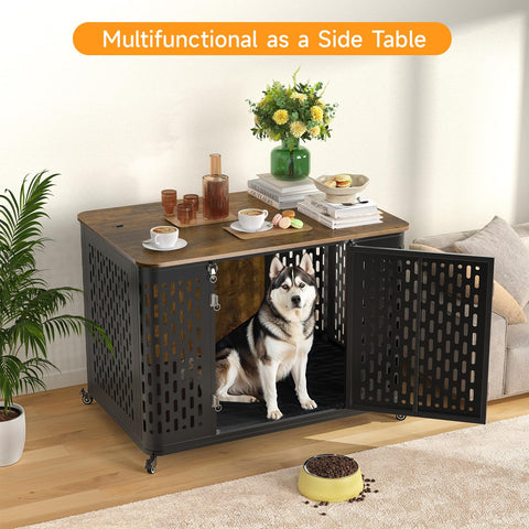 ONBRILL Heavy Duty Dog Crate Furniture for Large and Medium Dogs, 38.2 Inch/43.7 Inch Dog Crate Kennel with Flip Top & Cushion & Wheels, Escape Proof Pet Cage,Wooden Cage Kennel Furniture Indoor