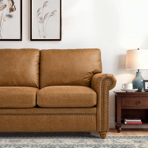 84 inch Faux Leather Couch, Light Brown