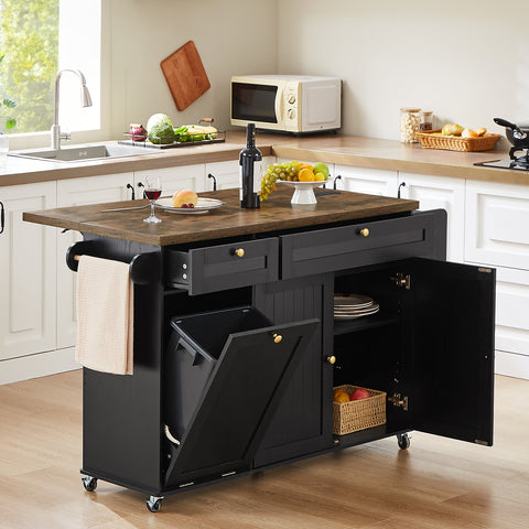 ONBRILL 60" Kitchen Island with Trash Can Storage, Black+Rustic Brown | Kitchen Island Cart with Power Outlet & Drop Leaf, Storage Cabinet with Adjustable Shelf, Rolling Island Table for Kitchen