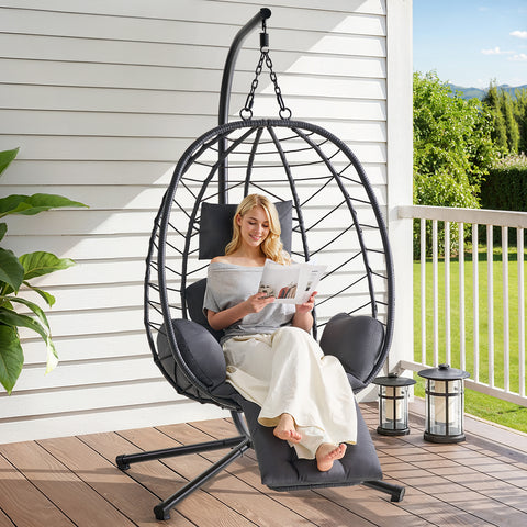 ONBRILL Hanging Egg Chair with Adjustable Footrest & Stand, Wicker Rattan Swing Hammock Chair with Cushion & Double Chains, 350LBS Capacity for Outdoor & Indoor Patio, Deck, Bedroom, Balcony