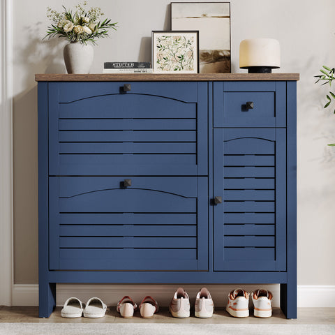 ONBRILL Shoe Storage Cabinet with 2 Flip Drawers, 1 Drawer, 1 Side Cabinet, Narrow Shoe Organizer with Ventilated Grille Panel & Movable Shelves, Freestanding Hidden Shoe Rack for Entryway
