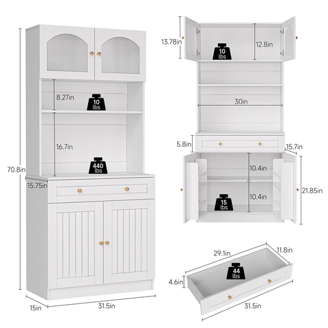 71" Tall Modern Kitchen Pantry Cabinet with Power Outlet & Adjustable Shelf