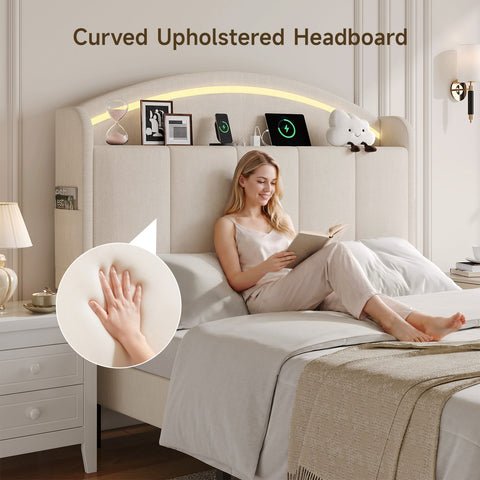 Upholstered Headboard Queen Size with LED Light, Curved Chenille Headboards with Charging Station, Adjustable Height Queen Headboard Only with Storage Shelf & Pocket, Head Board Easy Assembly