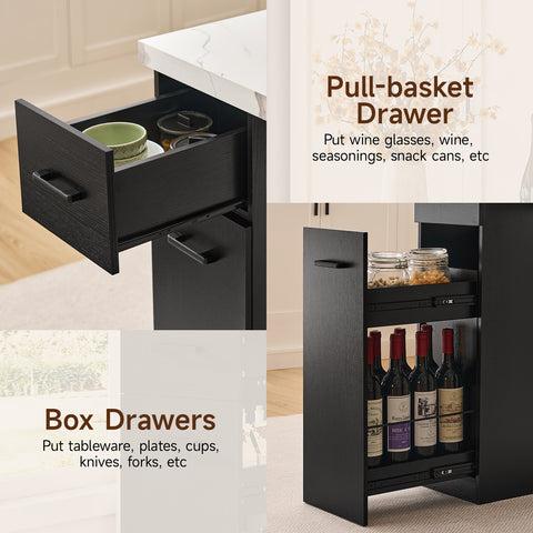 Bar Table, 59-Inch Modern Counter Height Pub Table w/Pull-Basket Drawer, 3-Tier Shelves, Kitchen Island Table w/1.5" Thick Marble Tabletop, Home Coffee Bar Unit for Dining Living Room Balcony Bistro