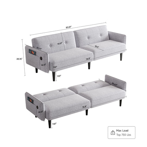 83" Futon Sofa Bed, Grey