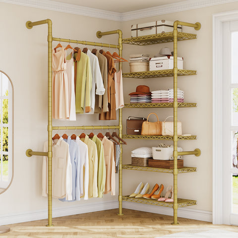 ONBRILL H2 Wall Mounted Clothing Rack, Expandable Industrial Pipe Clothes Rack Garment Racks for Hanging Clothes, Heavy Duty Closet Organizers and Storage in Closet System, Gold