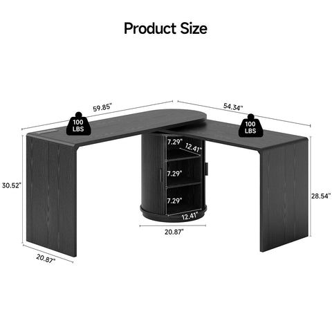 ONBRILL 60 Inch Fluted Computer Desk with Power Outlets,360° Rotating L Shaped Desks with Storge, Swivel Corner Table for Home Office,Workstation,Study Room,Black