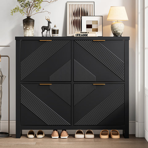 ONBRILL Shoe Cabinet with 4 Flip Drawers, Narrow Shoe Organizer with Symmetric Groove Pattern, Freestanding Wood Hidden Shoe Storage Cabinet for Entryway, Hallway