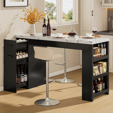 Bar Table, 59-Inch Modern Counter Height Pub Table w/Pull-Basket Drawer, 3-Tier Shelves, Kitchen Island Table w/1.5" Thick Marble Tabletop, Home Coffee Bar Unit for Dining Living Room Balcony Bistro