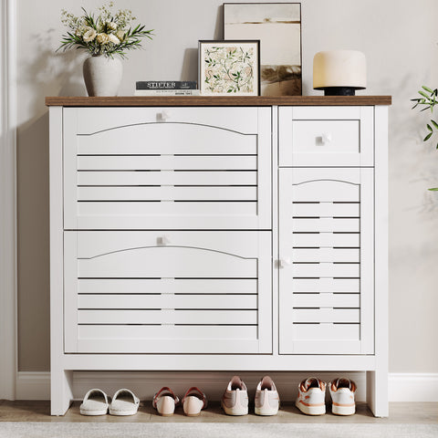 ONBRILL Shoe Storage Cabinet with 2 Flip Drawers, 1 Drawer, 1 Side Cabinet, Narrow Shoe Organizer with Ventilated Grille Panel & Movable Shelves, Freestanding Hidden Shoe Rack for Entryway