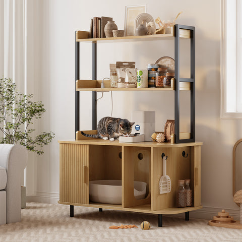 ONBRILL 54 Inch Hidden Litter Box Furniture with Shelves and Outlets,Fluted Cat Litter Box Enclosure, Mid-Century Modern Wooden Cat House with Sliding Tambour Door and Hooks