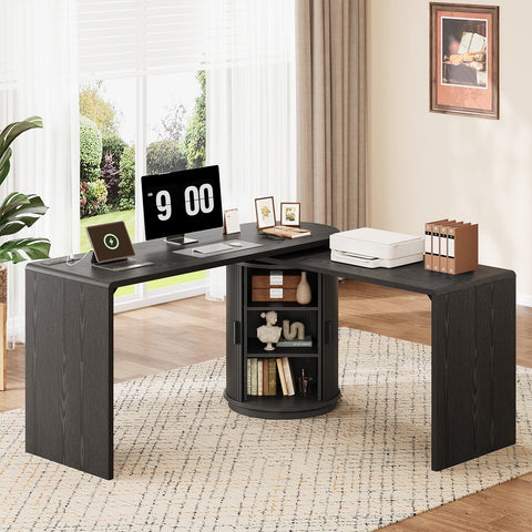 ONBRILL 60 Inch Fluted Computer Desk with Power Outlets,360° Rotating L Shaped Desks with Storge, Swivel Corner Table for Home Office,Workstation,Study Room,Black