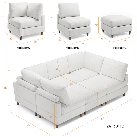 VersaLounge 90" Modern Corduroy 6 Seater Modular Sectional Sofa