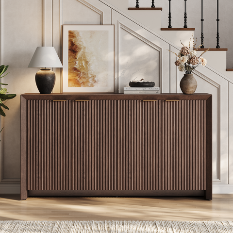 ONBRILL Fluted Sideboard Buffet Cabinet with Storage, Wooden Modern Fluted Sideboard with 4 Doors and 5 Adjustable Shelves, Coffee Bar Table for Dining Room, Hallway, Kitchen