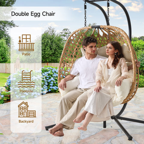 ONBRILL Double Hanging Egg Chair with Stand, Bohemian Knot Style Hammock Swing Chair, Foldable Basket & Denser Weaves, 650 Lbs Capacity Loveseat with UV Resistant Cushion for Patio, Backyard