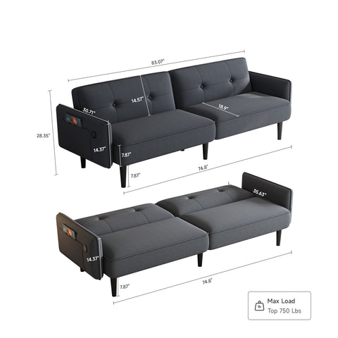 83" Futon Sofa Bed, Black