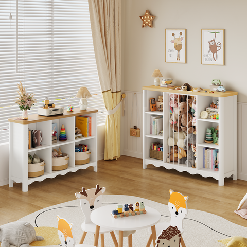 Wooden Stuffed Animal Storage, 6 Cube Toy Storage Organizer w/Wave Design, Plush Toy Organizers and Storage w/Elastic Band Thick Board, Kids Bookshelf for Kids Room Nursery Playroom