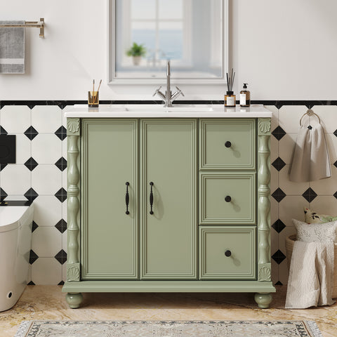 ONBRILL Bathroom Vanity with Sink Combo, Modern Bathroom Vanities with Adjustable Shelf, 4 Solid Legs, 2 Drawers, 2 Doors, Ceramic Integrated Sink, Freestanding Bath Storage Cabinet (36", Green)