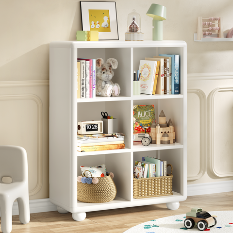 Kids Bookshelf, Large Wooden Bookcase with 6 Cube Storage, Girl Toy Storage Organizer Cabinet with Child Safe Paint&Thick Board, Boy Tall Book Shelves Nook for Office Playroom Living Room