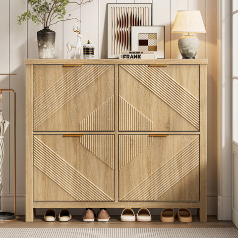 ONBRILL Shoe Cabinet with 4 Flip Drawers, Narrow Shoe Organizer with Symmetric Groove Pattern, Freestanding Wood Hidden Shoe Storage Cabinet for Entryway, Hallway
