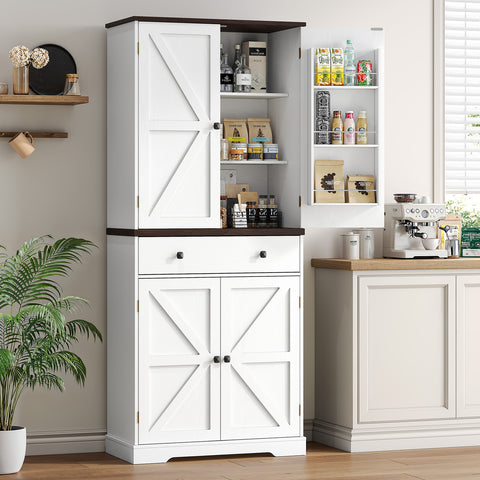 71" Tall Farmhouse Kitchen Pantry Storage Cabinety with 6 Door Shelves & Drawer