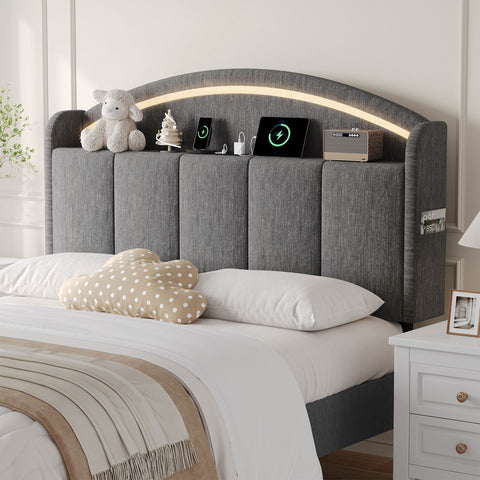 Upholstered Headboard Queen Size with LED Light, Curved Chenille Headboards with Charging Station, Adjustable Height Queen Headboard Only with Storage Shelf & Pocket, Head Board Easy Assembly