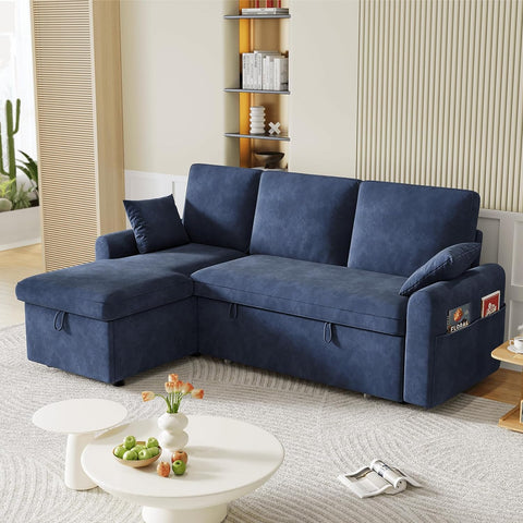 Terry Fleece Sectional Sleeper Couch with Pull Out Bed & 2 Pillows, Blue
