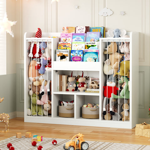 ONBRILL Two Wooden Stuffed Animal Storage, Toddler Toy Storage Organizer with 4-Tier Kids Bookshelf and 3 Open Cube Shlef, Multifunctional Bookcase for Kids Rooms Playroom Nursery (White)