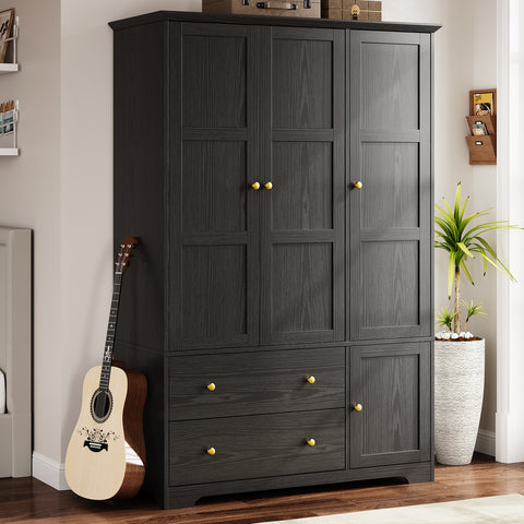 ONBRILL 3 Doors Wooden Wardrobe Closet Armoire with Pull Out Pants Rack, Bedroom Large Capacity Armoire with Drawers and Shelves, Storage Cabinet for Hanging Clothes