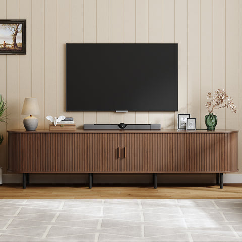 ONBRILL 86.6" TV Stand with Power Outlet & Storage for TVs up to 90“ Walnut Entertainment Center with Adjustable Shelves, Modern Media Console with Sliding Doors for Living Room, Bedroom