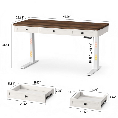 ONBRILL Standing Desk with 3 Drawers, 63 x 24 Inch Electric Height Adjustable Desk with Storage & Outlets, for Computer Workstation, Home Office, Retro Curved Table Corner & Drawers