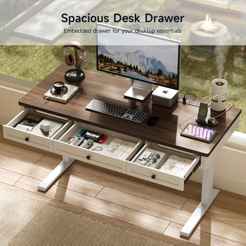 ONBRILL Standing Desk with 3 Drawers, 63 x 24 Inch Electric Height Adjustable Desk with Storage & Outlets, for Computer Workstation, Home Office, Retro Curved Table Corner & Drawers