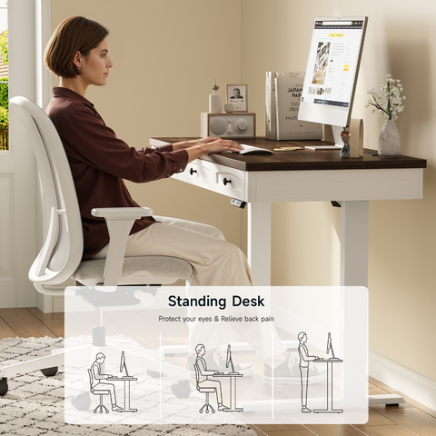 ONBRILL Standing Desk with 3 Drawers, 63 x 24 Inch Electric Height Adjustable Desk with Storage & Outlets, for Computer Workstation, Home Office, Retro Curved Table Corner & Drawers