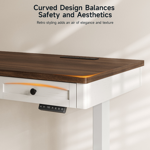 ONBRILL Standing Desk with 3 Drawers, 63 x 24 Inch Electric Height Adjustable Desk with Storage & Outlets, for Computer Workstation, Home Office, Retro Curved Table Corner & Drawers