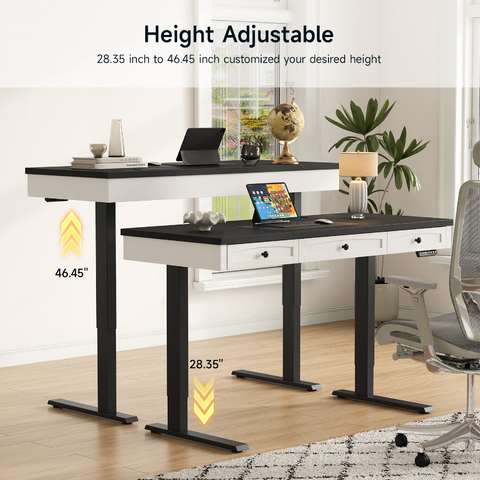 ONBRILL Standing Desk with 3 Drawers, 63 x 24 Inch Electric Height Adjustable Desk with Storage & Outlets, for Computer Workstation, Home Office, Retro Curved Table Corner & Drawers