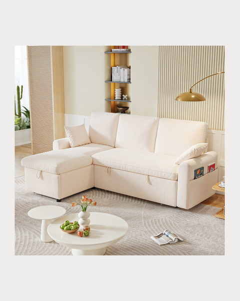 Terry Fleece Sectional Sleeper Couch with Pull Out Bed & 2 Pillows, White