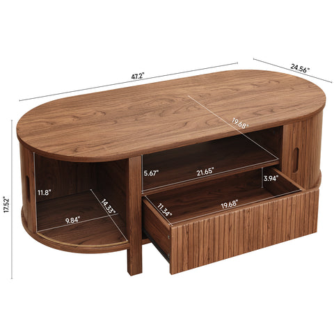 ONBRILL 47.2 Inch Oval Coffee Table with Storage, Mid Century Modern Coffee Table with Drawer, Center Table with Sliding Door and Wood Fluted Handle for Living Room, Walnut