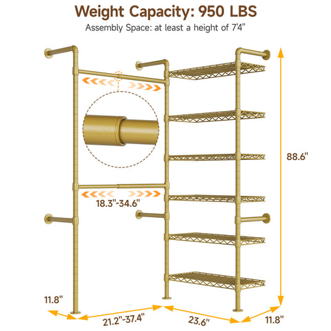ONBRILL H2 Wall Mounted Clothing Rack, Expandable Industrial Pipe Clothes Rack Garment Racks for Hanging Clothes, Heavy Duty Closet Organizers and Storage in Closet System, Gold