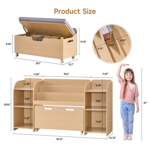 ONBRILL Kids Bookshelf with Reading Nook, 55.2" Toy Storage Organizer, 6 Storage Cubbies, Kids Bookcase with 3-Tier Bookshelf