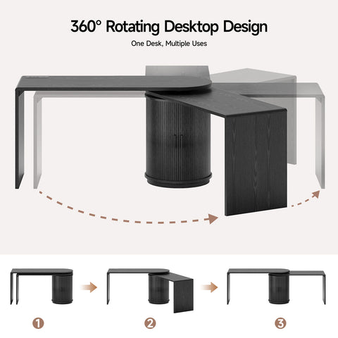 ONBRILL 60 Inch Fluted Computer Desk with Power Outlets,360° Rotating L Shaped Desks with Storge, Swivel Corner Table for Home Office,Workstation,Study Room,Black