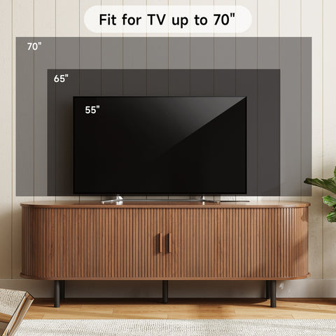 ONBRILL 63" TV Stand with Power Outlet for TVs up to 70 Inch, Entertainment Center with Storage and Adjustable Shelves, Modern Media Console with Sliding Doors for Living Room, Walnut