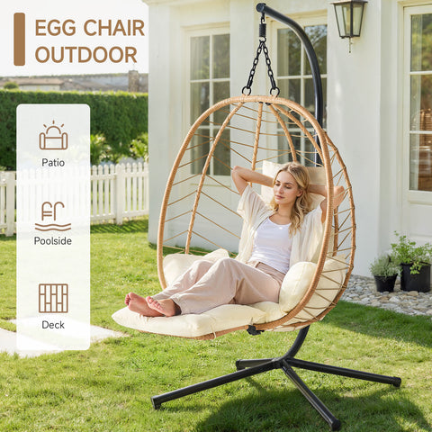 ONBRILL Hanging Egg Chair with Adjustable Footrest & Stand, Wicker Rattan Swing Hammock Chair with Cushion & Double Chains, 350LBS Capacity for Outdoor & Indoor Patio, Deck, Bedroom, Balcony