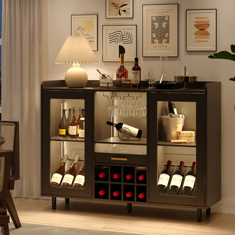 47.2" Modern Wine Bar Cabinet with LED Lights & Power Outlet