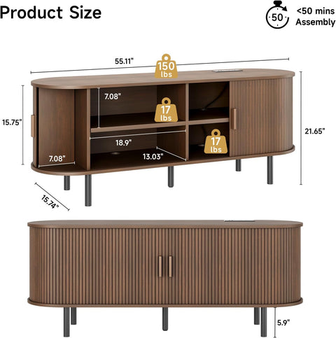 55" Mid-Century Modern TV Stand with Sliding Doors